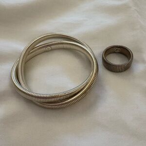 Designer Sterling Silver Double Wrap Stretchable Bracelet Matching Ring 925